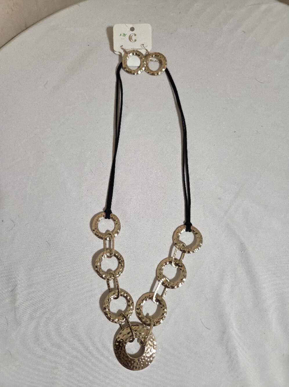 Gold-tone Hammered Circle Link Necklace & Earring Set